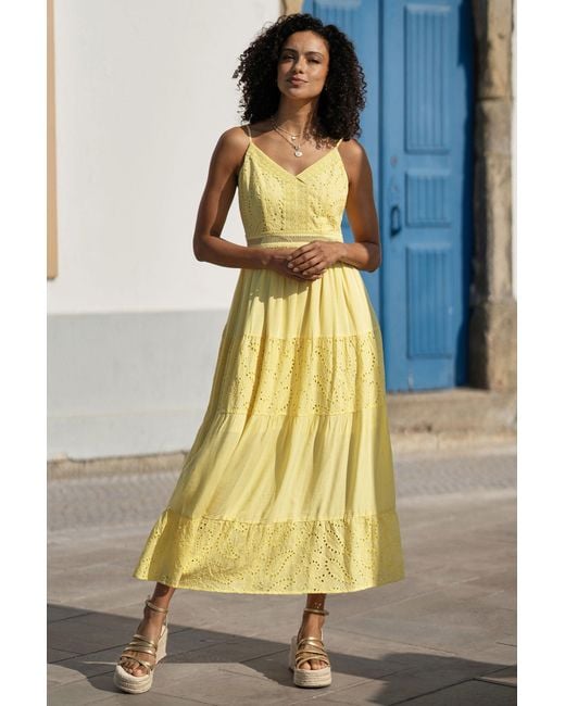 Yumi' Yellow Butter Cotton Lace Trim Midi Dress
