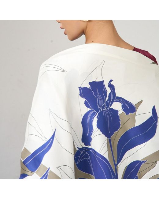 Silk and Bears Blue Botanical Silk Twill Scarf – Hand-Rolled Edges, Ivory