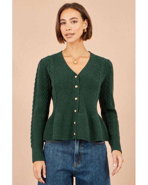 Yumi' Green Cable Knit Peplum Cardigan