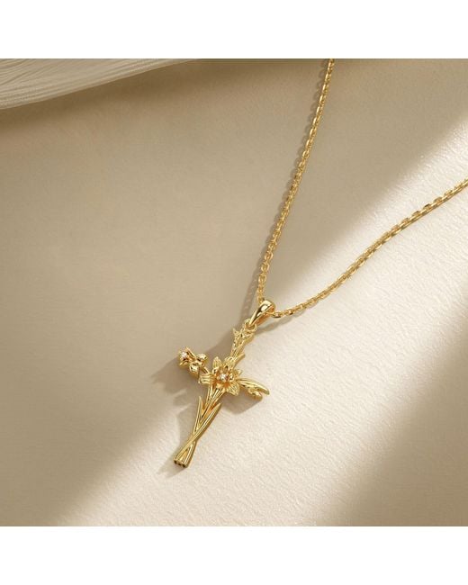 Vanimy Metallic Floral Cross February Iris Birth Flower Necklace