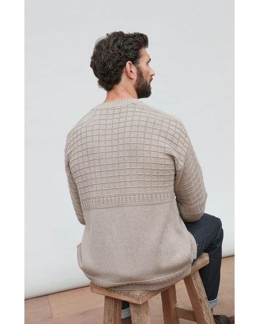 Paul James Knitwear Gray Midweight Cotton Sennen Grid Knit Gansey Jumper for men