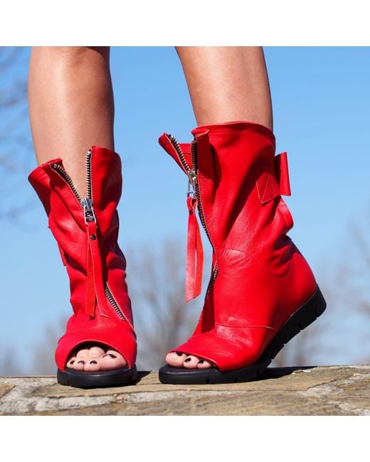 Adrenaline Fashion Red Handcrafted Leather Open-Toe Ankle Boots With Zipper – Genuine Leather Designer Handmade Boots