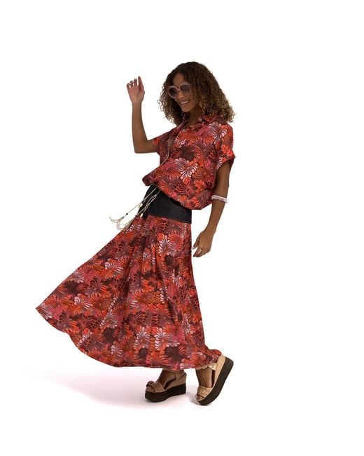 Lalipop Design Red All-Over Floral Print Skirt With Asymmetric Denim Cut