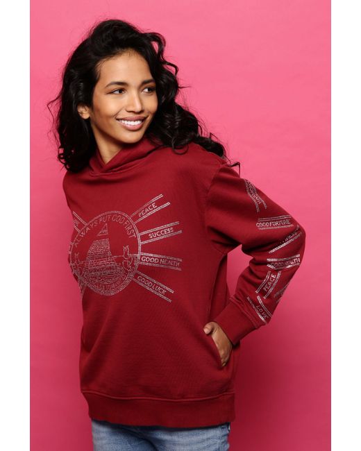 Miracles Manifester Red God First Affirmation Hoodie With Rhinestone Design