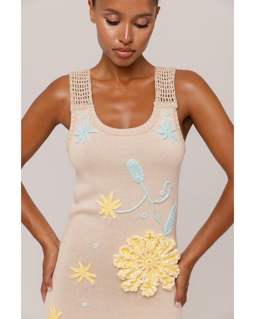 Andreeva Metallic Neutrals Butter Daisy Knit Dress With Handmade Embroidery