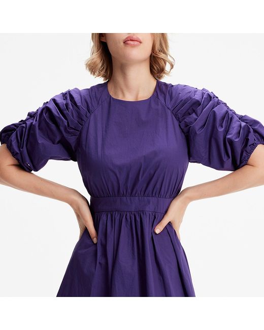 Smart and Joy Purple Trapeze Dress With Puffed Sleeves
