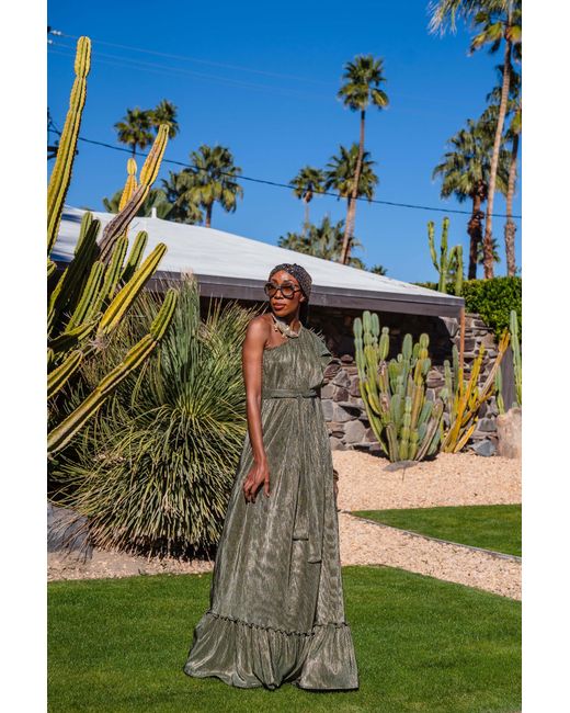 Jennafer Grace Green Electrum Slink Pleated One-Shoulder Maxi Dress