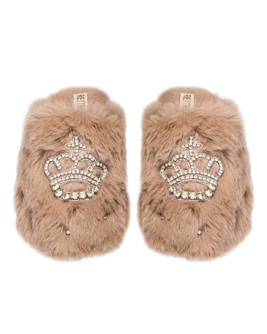 Rettrose Natural Neutrals Finley Mink Luxury Plush Diamanté Embellished Handmade Slipper