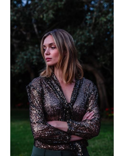 Jennafer Grace Green Haze Sequin Tie Front Blouse