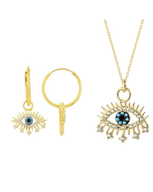 Spero London Metallic Evil Eye Earring Eye Sterling Pendant Eyelash Necklace & Earring Set