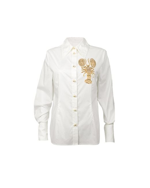 House of Laines London White Laines Couture Tie Shirt With Embellished Lobster