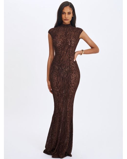Miss Circle New York Gray Tyanna Mocha Burnout Velvet Mesh Backless Mermaid Maxi Dress
