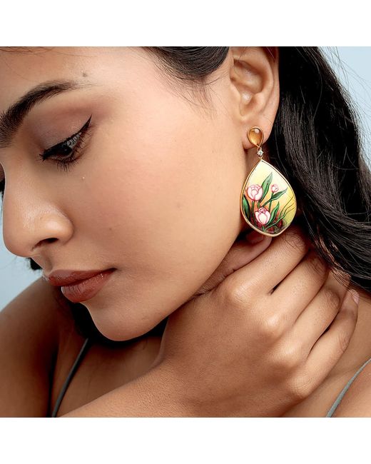 Artisan Multicolor Citrine, Onyx & Diamond Hand-Painted Enamel Drop Earrings
