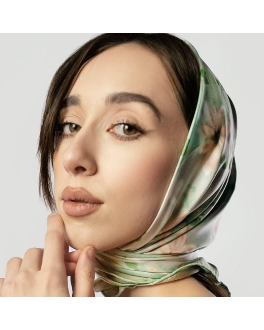 Asyii Green Neutrals Printed Tropical Floral Silk Twill Square
