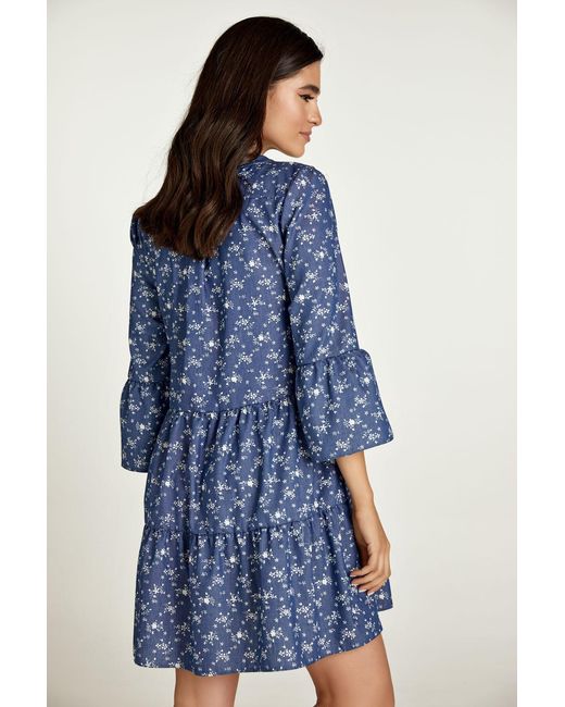 Conquista Blue Floral A Line Dress With Bell Sleeves