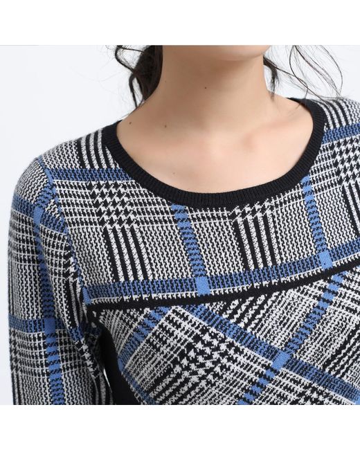 Smart and Joy Blue Fit-And-Flare Tartan Knit Dress
