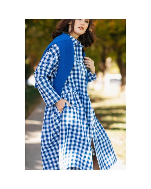 Zenzee Blue Cotton Linen Gingham Shirt Dress Cobalt