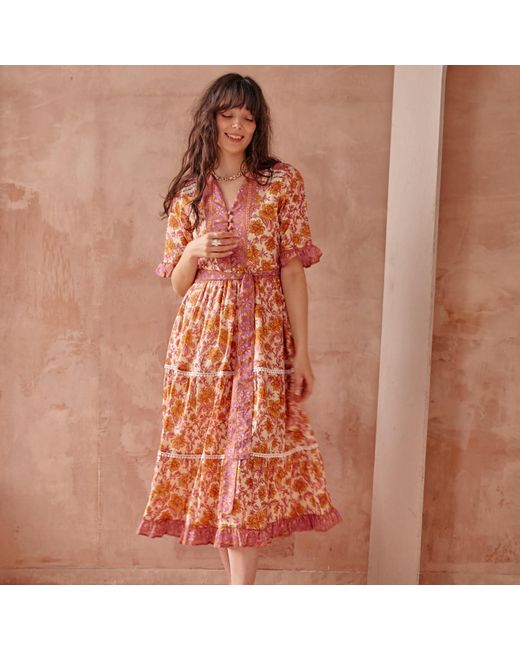 LAtelier London Pink Noemi Yellow Floral Block Print Cotton Midi Dress