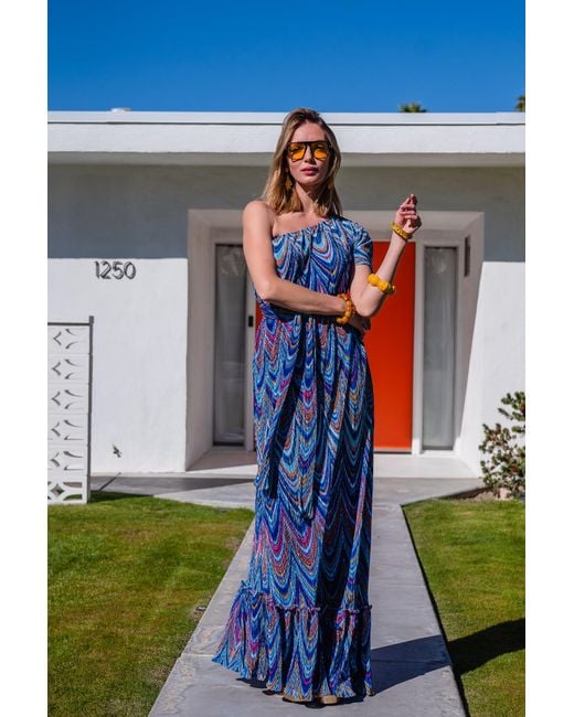 Jennafer Grace Blue Hallucinogen Plume One Shoulder Maxi Dress
