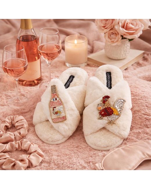 Laines London White Neutrals Classic Laines Slippers With Chicken Wine Brooches