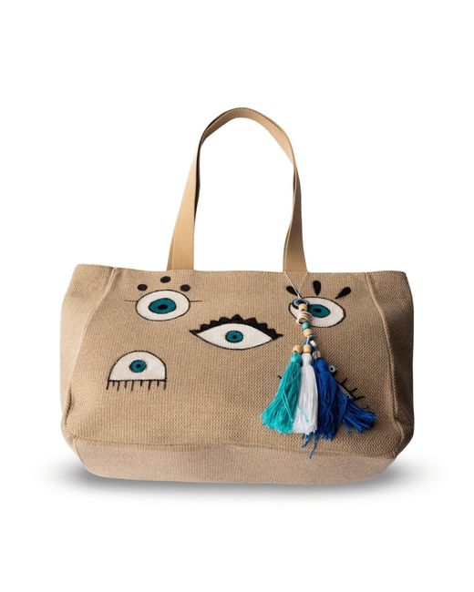Casa Duniya Natural Neutrals Corfu Hand-Painted Evil Eye Canvas Tote Bag With Tassels