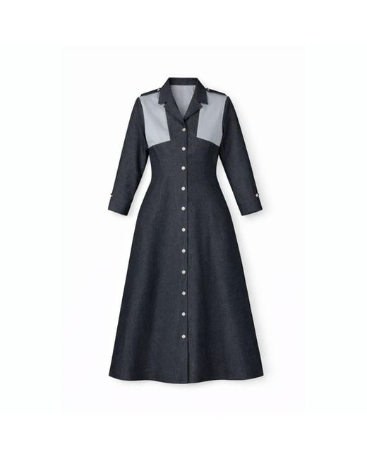 House of Gl Blue Hematite Dark Wash Denim A-Line Midi Shirt Dress With Contrast Cotton Panels