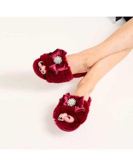 Pretty You London Red Anya Slider Slipper With Diamante