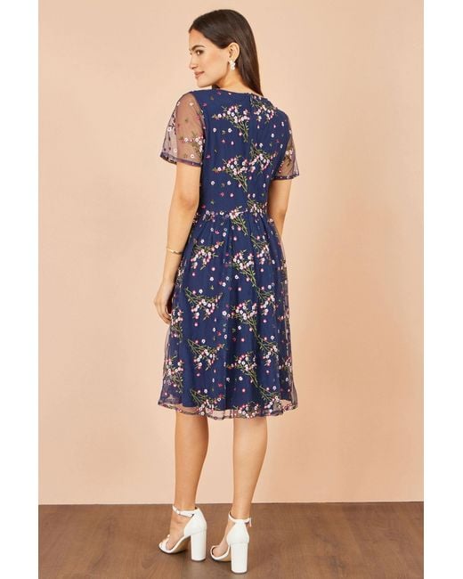 Yumi' Blue Embroidered Floral Mesh Prom Dress