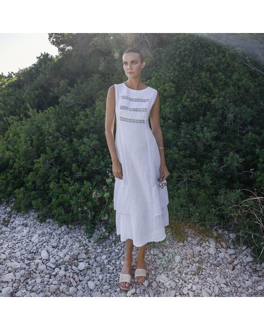 Haris Cotton White Linen Maxi Sleeveless Dress With Lace Trim Details And Ruffles