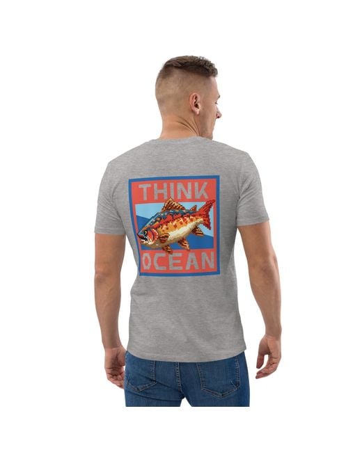 Anchor and Crew Gray Heather Think Ocean Fish Pixel Art Organic Cotton T-Shirt for men