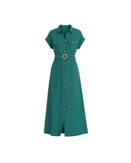 Yumi' Green Viscose Midi Shirt Dress With Wooden Belt