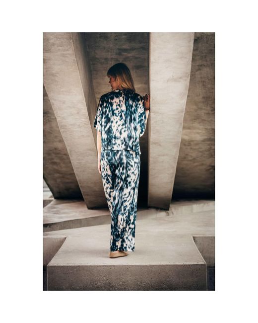 Oh!Zuza Blue Neutrals Echo Wide-Leg Viscose Satin Trousers – Print