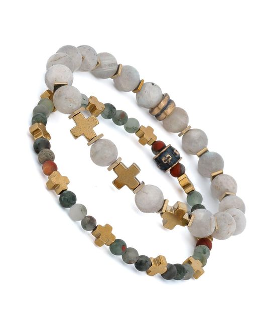 Ebru Jewelry Metallic Labradorite & Africa Bloodstone Cross Beaded Bracelet Set for men