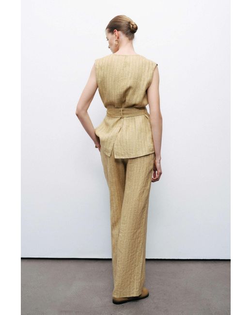 Nocturne Green Neutrals Linen Striped High-Waist Pants