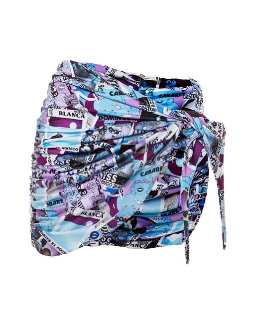 Brenda Agradi Blue Ibiza Style Printed Ruched Beach Skirt
