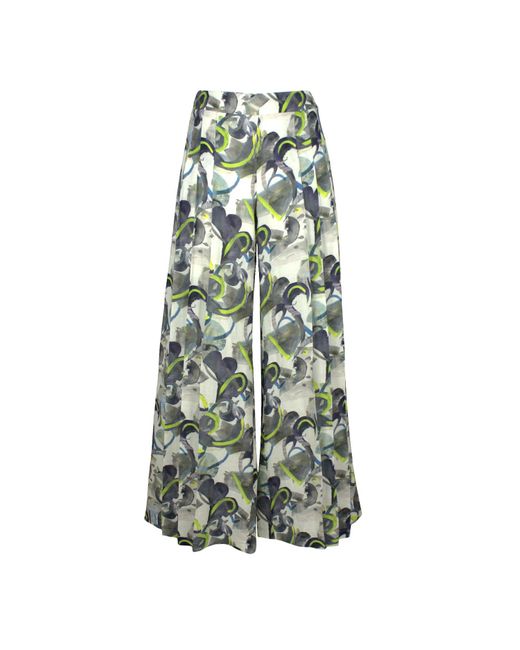 Lalipop Design Green Wide Pleated Pants In Abstract Print Linen
