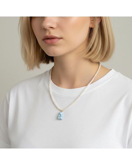 POPORCELAIN White Baby Porcelain Gummy Bear Swarovski Pearl Necklace