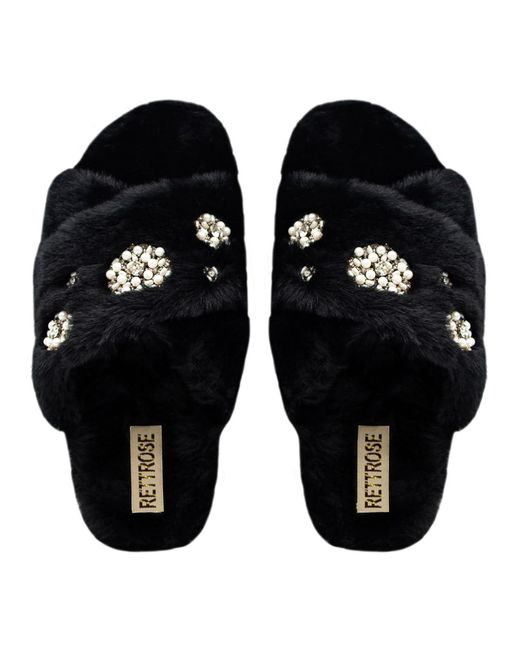 Rettrose Black Juliette Luxury Plush Diamanté Embellished Handmade Slipper