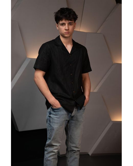 Stovaria Black Handwoven Hemp Camp Collar Shirt With Natural Dye for men