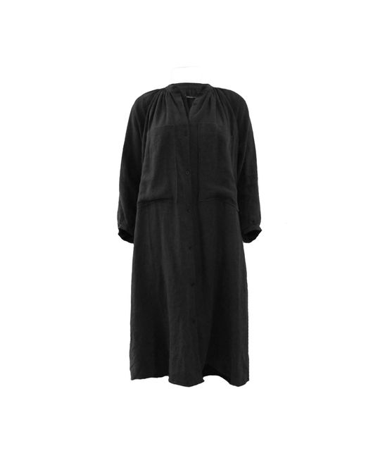 Joeleen Torvick Black Gathered Linen Midi Shirt Dress