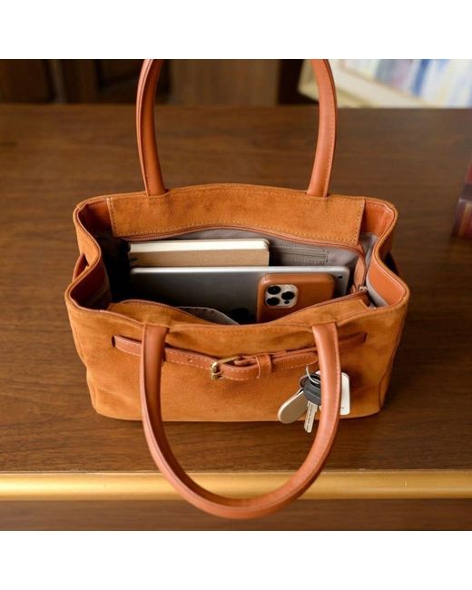 Harmain Leathers Ltd Brown The Suede East-West Buckle Tote Bag – Cognac Tan
