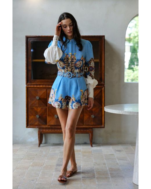 We Are Kindred Blue Evelyn Linen Belt Shorts-Aquamarine Floral