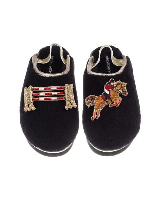 Laines London Black Flatform Cloud Closed Toe Slippers With Show Jump Horse Brooches