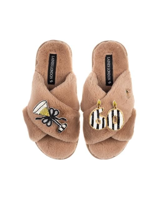 Laines London Brown Classic Laines Slippers With Stripe 60Th Birthday & Glass Of Champagne Brooches