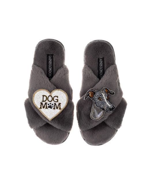 Laines London Black 'Classic Laines Slippers With Vinny The Italian Greyhound & Dog Mum / Mom Brooches