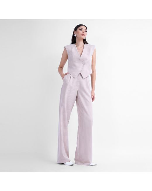BLUZAT White Neutrals Pinstriped Suit With Asymmetrical Vest And Wide Leg Trousers