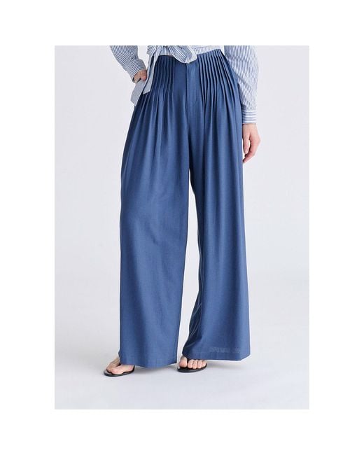 Paisie Blue Front Pleats Detail Wide Leg Trousers