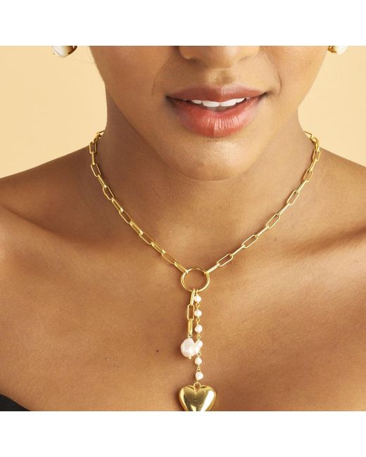 Lila Rasa Metallic Paperclip Pearl & Heart Drop Necklace