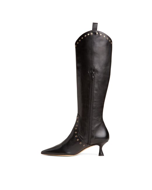 Beautiisoles by Robyn Shreiber Made in Italy Black Vanesa Leather Knee-High Boot With Studs & Kitten Heel Elegant For Work & Valentine Day