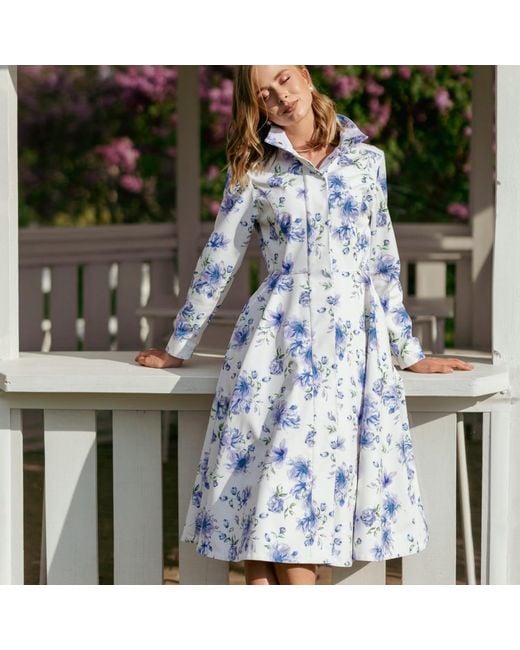 RainSisters Blue Midi Length Coat With Flower Print: Floral